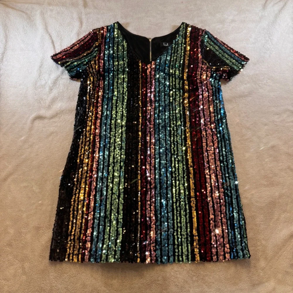 Chic Disco Rainbow Glam Sequin Mini Dress Party NYE Cocktail Stripe Retro Sz L